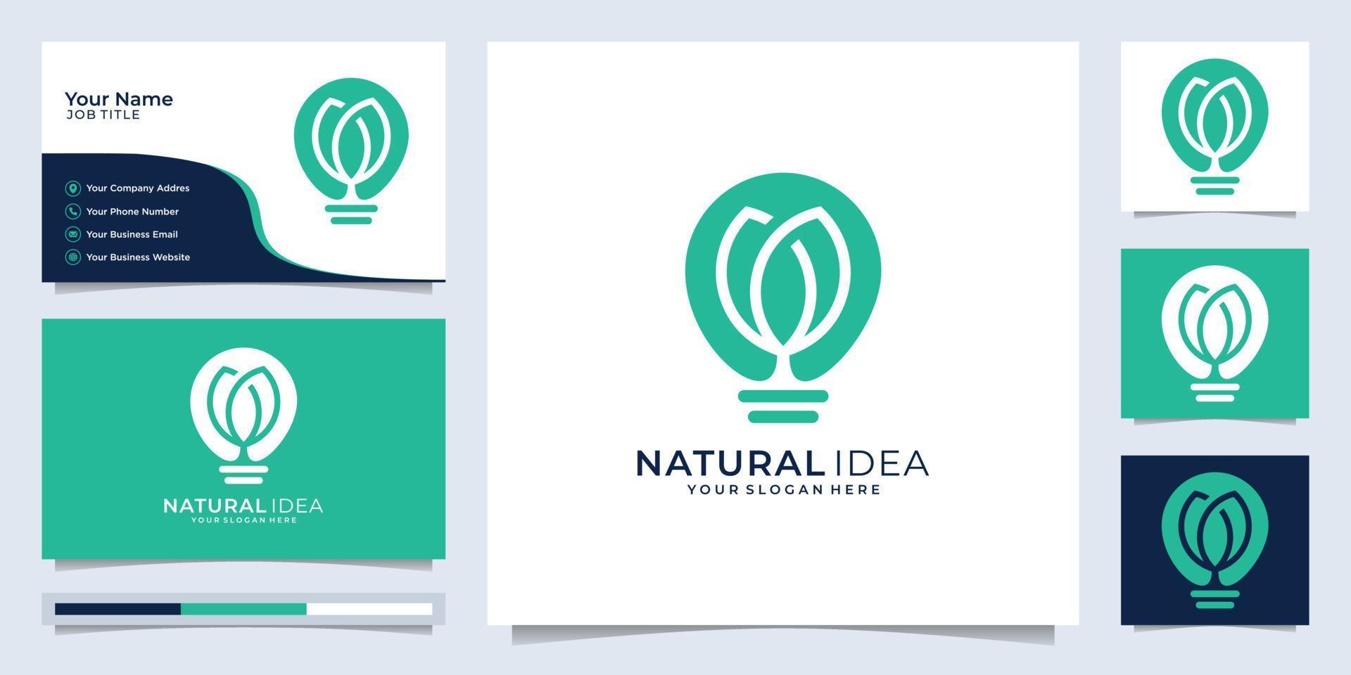 Natural idea leaf logo with line art style and business card design template, tree, idea, smart.Premium Vector