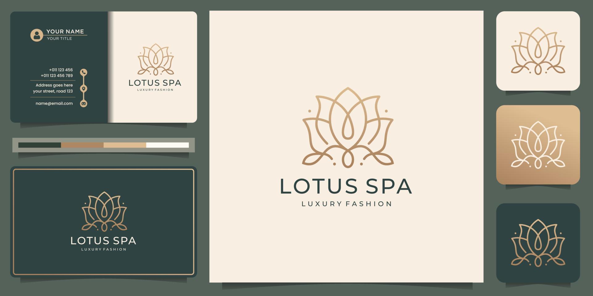 diseño de logotipo de spa de flor de loto femenino y tarjeta de visita. diseño de spa de loto floral de estilo de línea creativa vector