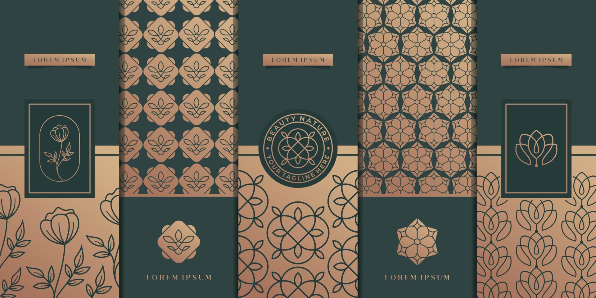 Collection of design elements,labels,icon,frames, for logo,packaging,design of luxury products. luxury golden packaging design flower,nature,pattern,minimalist design for packaging inspiration. vector