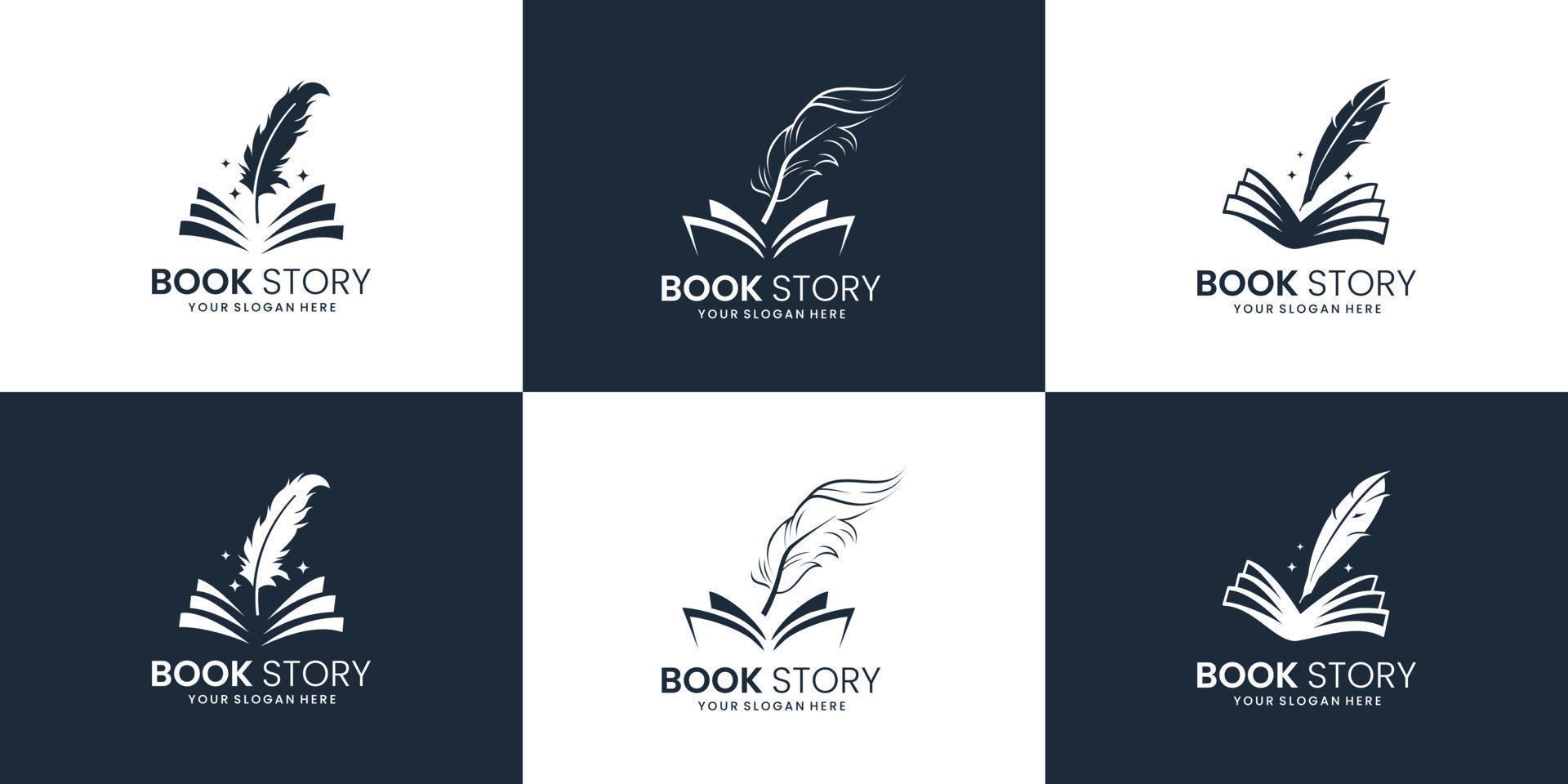 conjunto de inspiración para el diseño del logotipo de la pluma de la historia del libro. colección de diseño de logotipo de nota y pluma. vector