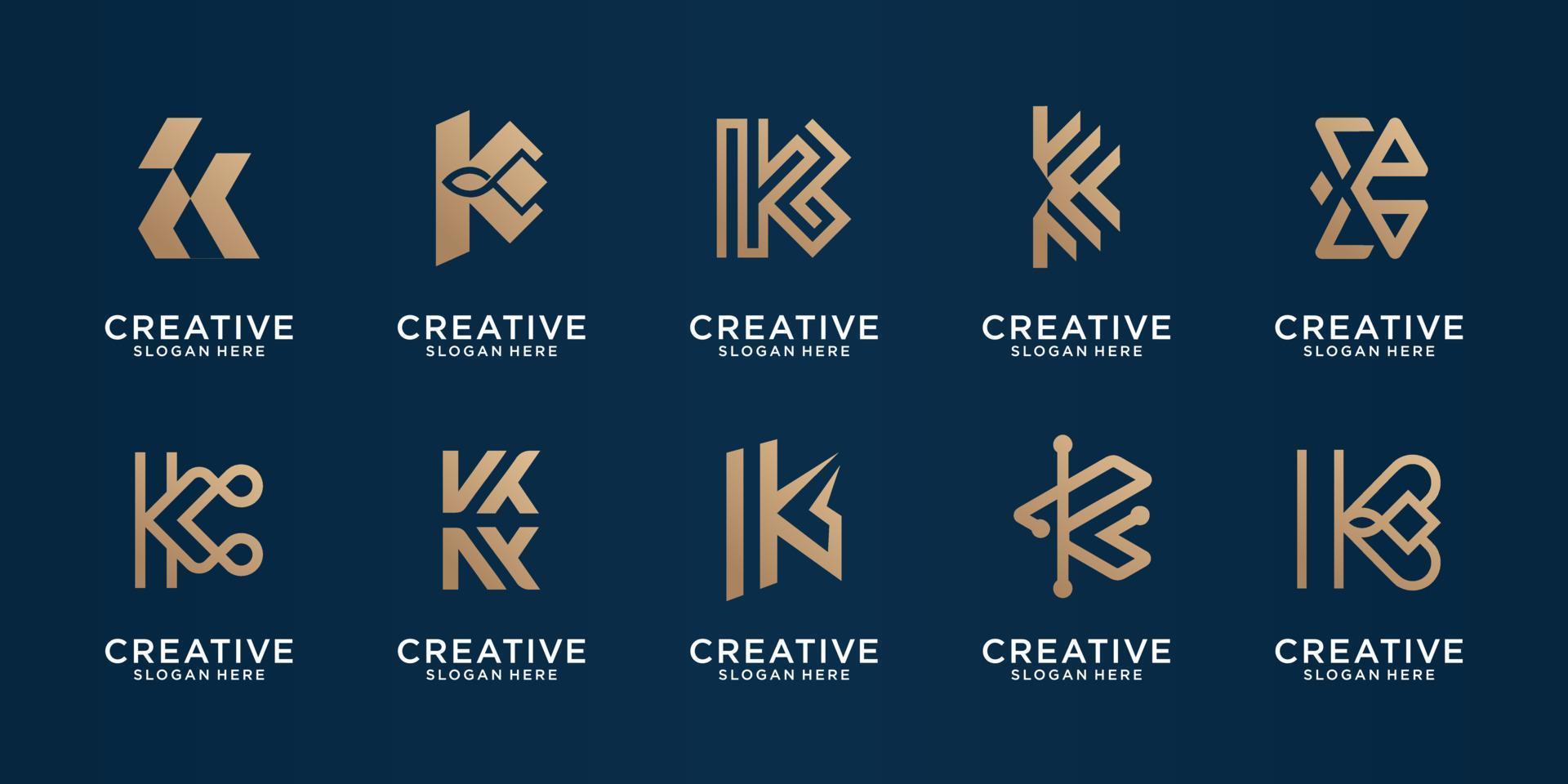 conjunto de plantilla de diseño de monograma k oro. icono para empresa comercial, elegante, línea, logotipo de forma. paquete premium letra inicial k. vector premium