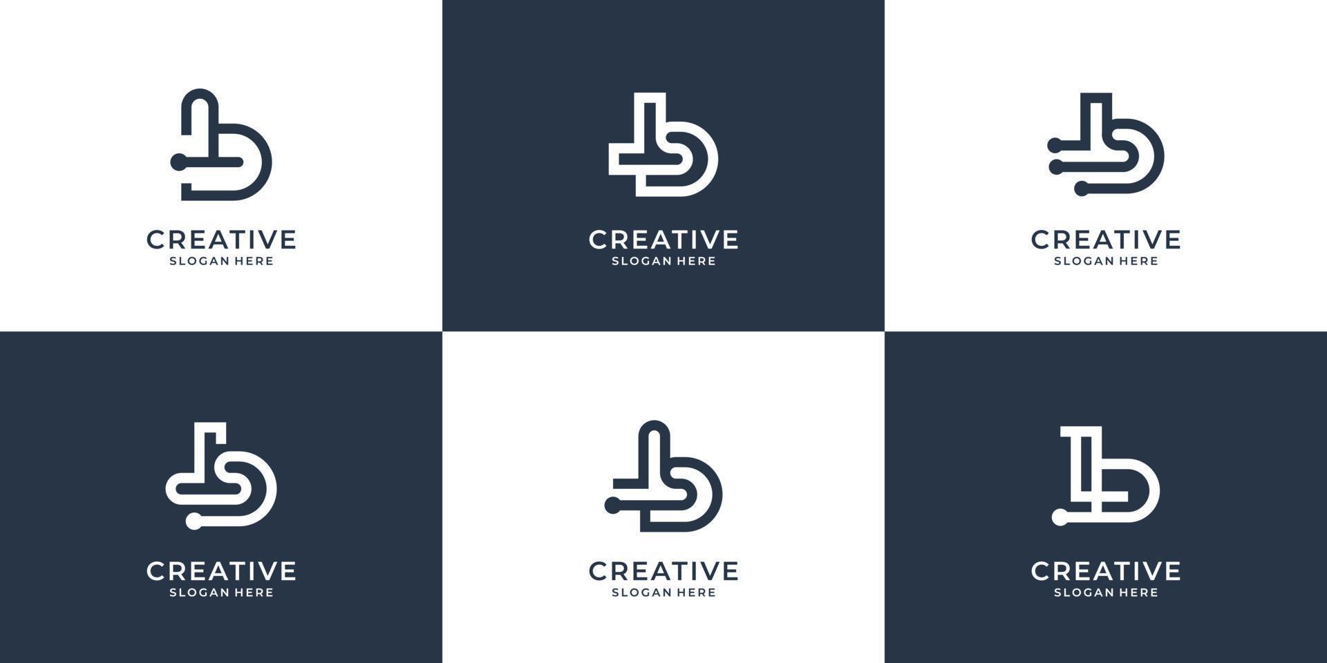 set of creative b abstract design. creative monogram B with dot tech and line art style. premium vector