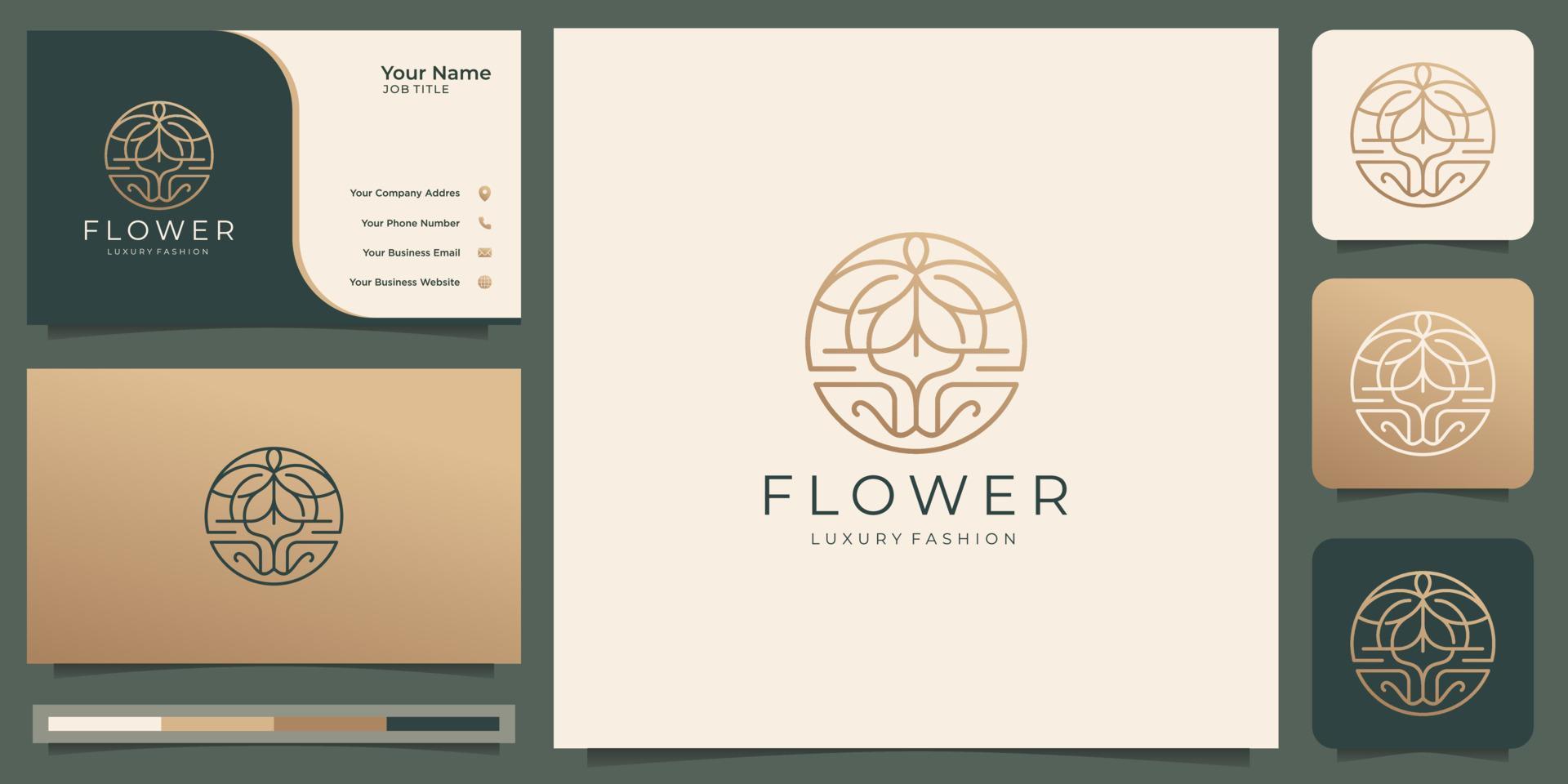 geometric flower logo line style concept in circle shape design. gold color logo and business card. vector