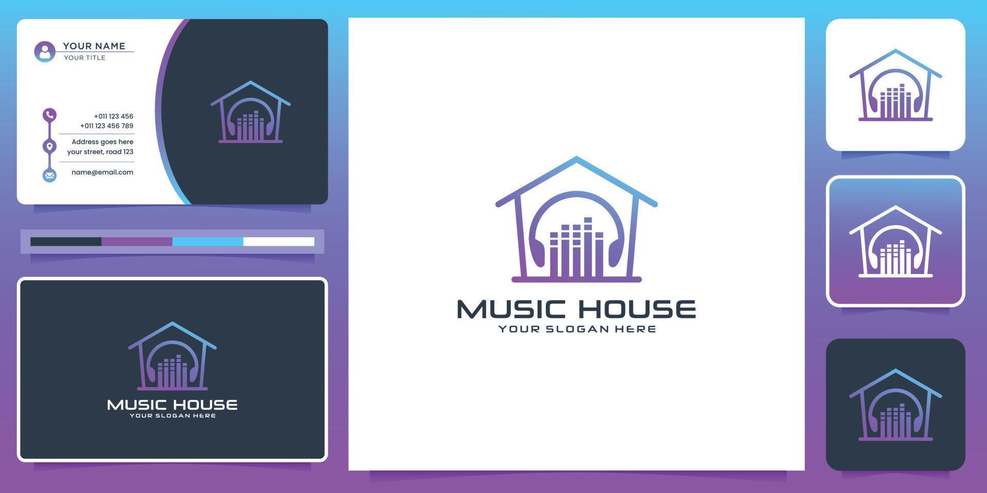 diseño de logotipo de casa de música moderna y tarjeta de visita. color degradado, inspiración, música de estudio, elemento. vector