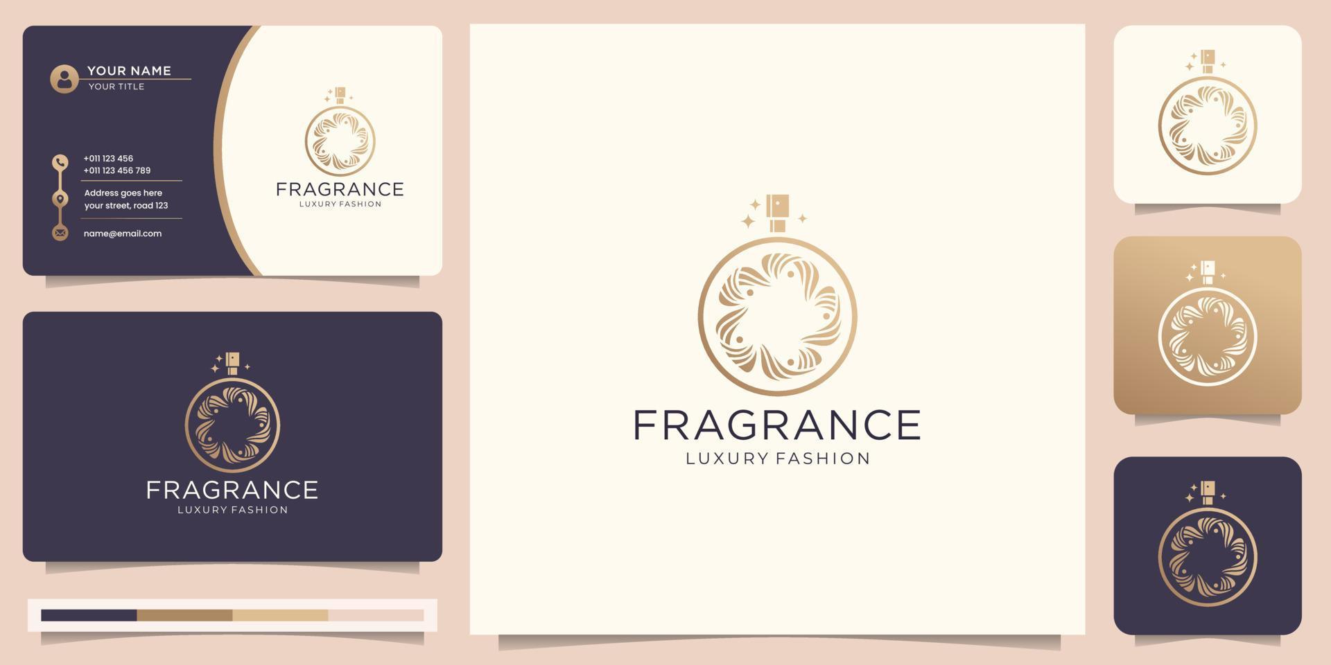 elegante logotipo dorado de perfume con plantilla de diseño de estilo de concepto de círculo abstracto de hoja y tarjeta de visita. vector