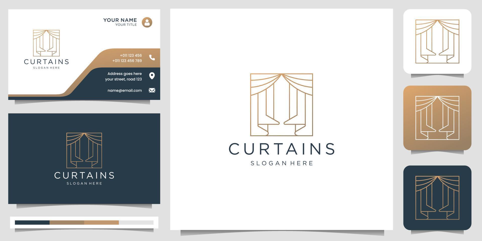 concepto de diseño de logotipo de cortinas minimalistas con plantilla de tarjeta de visita. vector