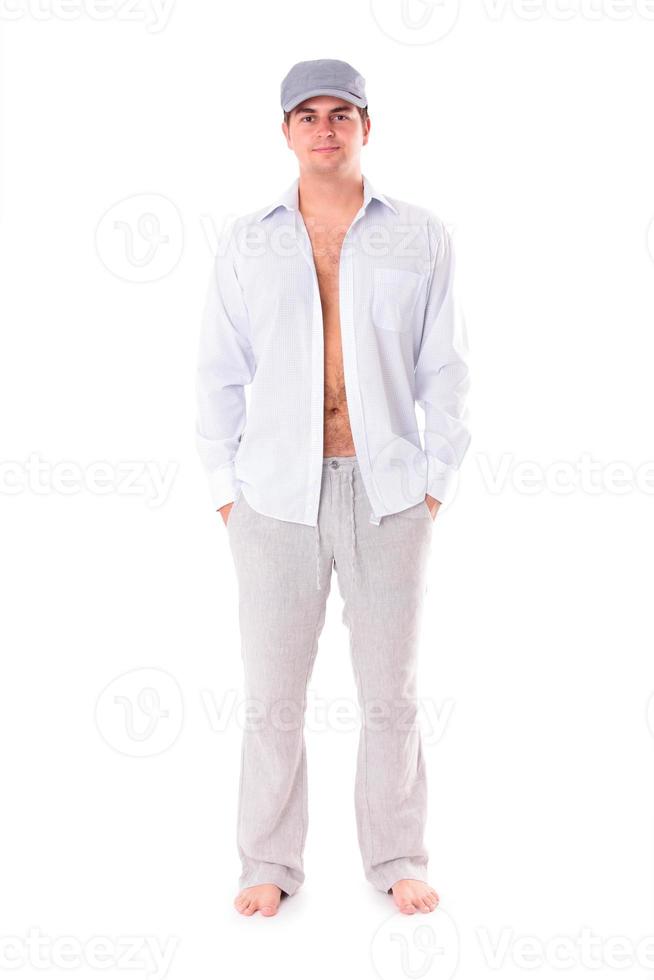 Barefoot man on white background photo