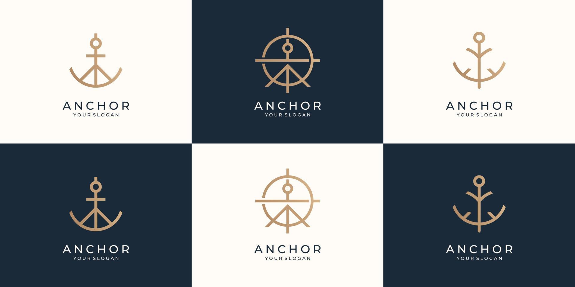conjunto de logo de ancla minimalista. símbolos anclas barco o barco. plantilla de logotipos retro marinos. vector premium