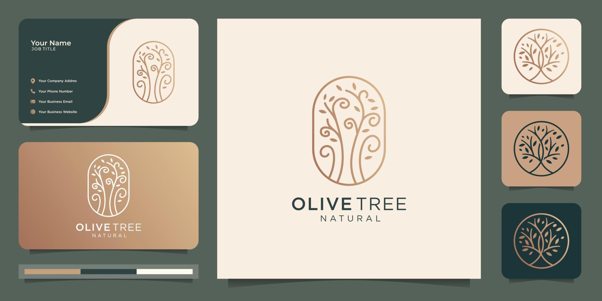 tarjeta de visita y vector de olivo de oro moderno,plantilla de diseño de logotipo de aceite de oliva.vector premium