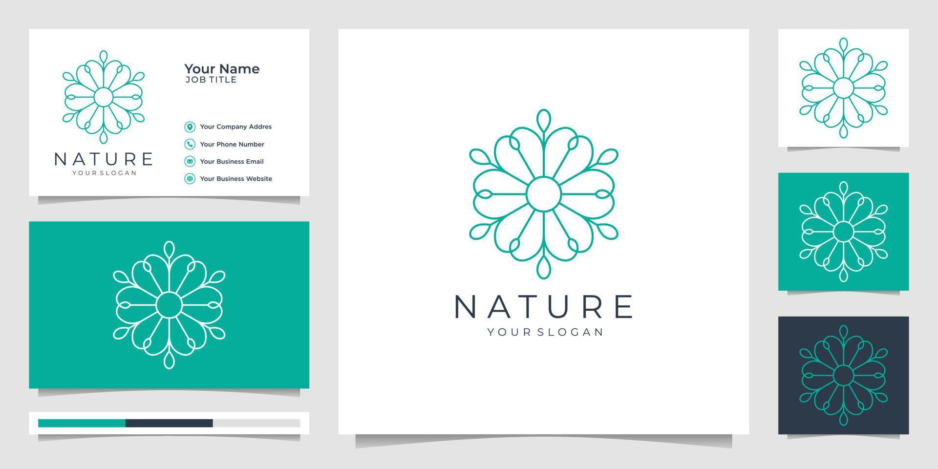 plantilla de monograma floral simple y elegante minimalista de naturaleza, diseño de logotipo de arte de línea elegante, ilustración de vector de tarjeta de visita.vector premium
