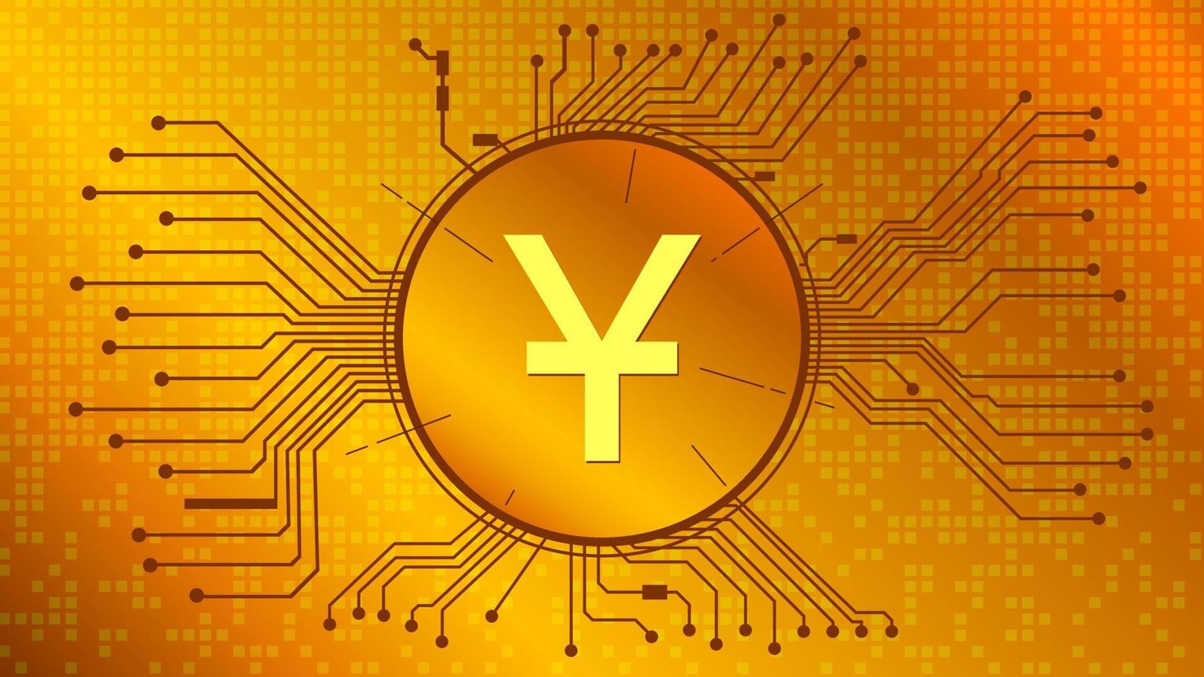 Yuan CNY coin symbol in circle with PCB tracks on gold background. China currency icon. Vector EPS10.