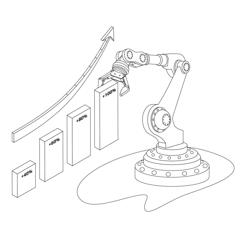 Outline automatic trading robot isometric concept with chart and upward arrow isolated on white. Vector illustration.