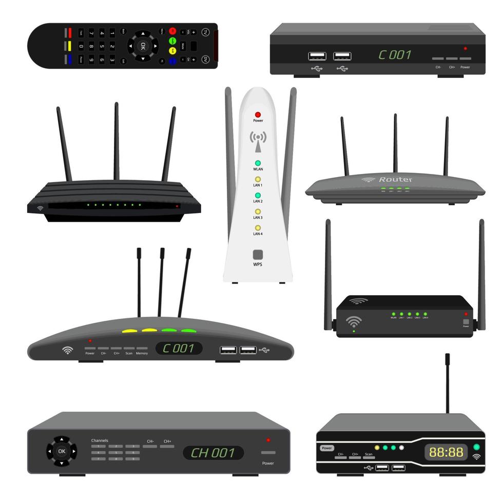 conjunto de enrutadores wi-fi realistas y receptores de televisión digital. receptor de satélite y control remoto de tv. dispositivos para la distribución inalámbrica de internet. pasos vectoriales 10. vector