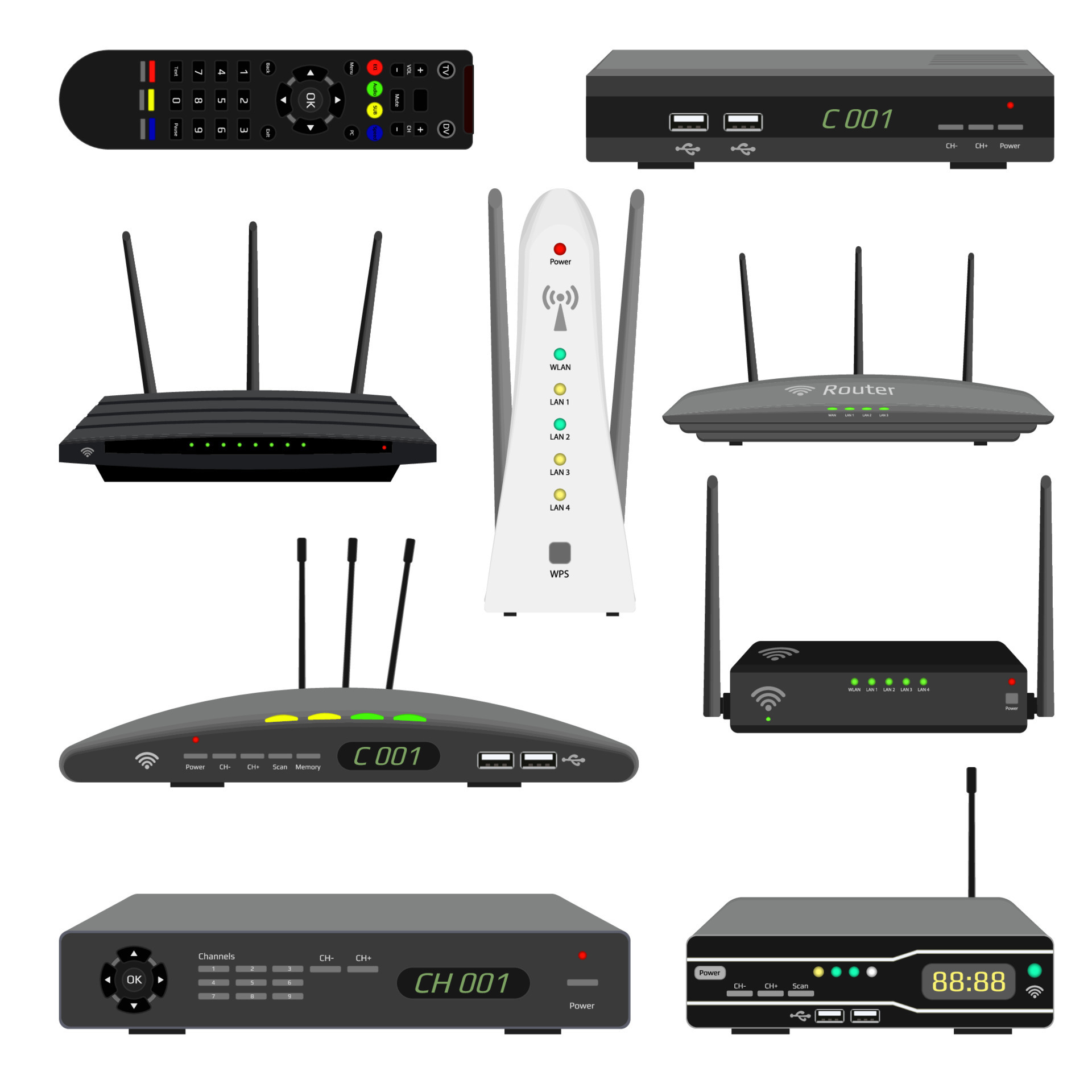Set of realistic WiFi routers and digital television receivers