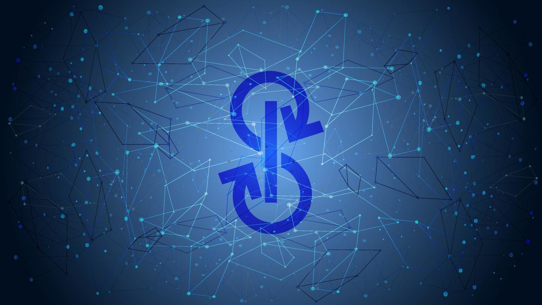 Yearn.finance YFI token symbol of the DeFi project cryptocurrency theme on a blue polygonal background. Cryptocurrency logo icon. Decentralized finance programs. Vector EPS10.