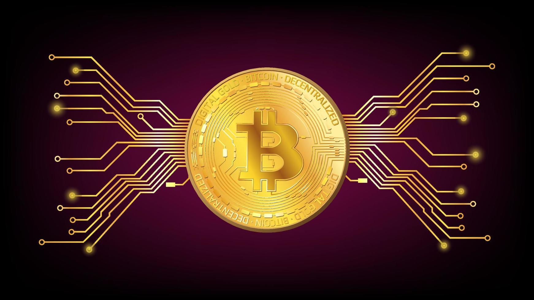 Detailed gold coin Bitcoin BTC token with pcb tracks on dark red background. Digital gold in techno style for website or banner. Vector illustration.
