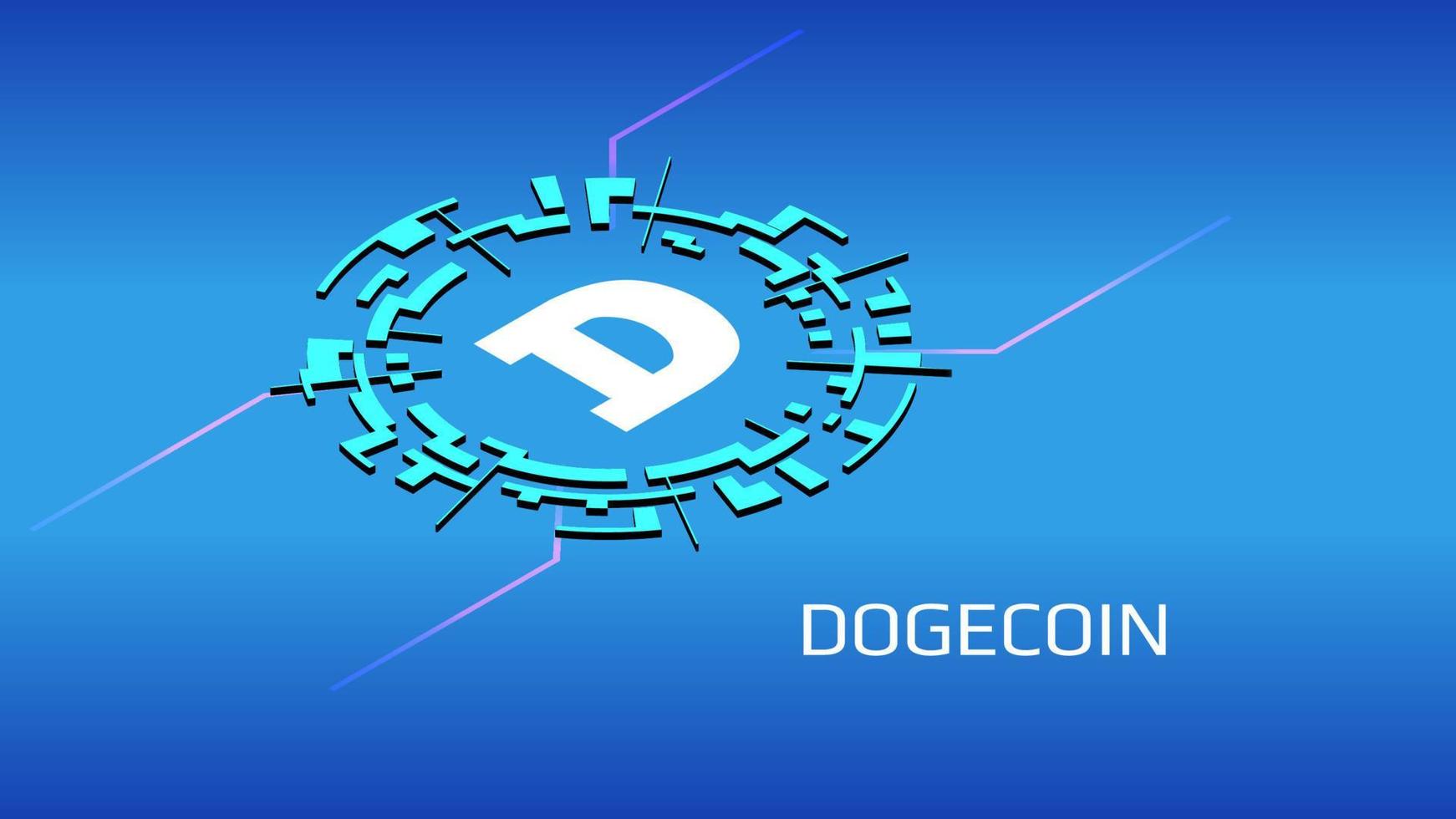 Dogecoin DOGE isometric token symbol in digital circle on blue background. Cryptocurrency icon for banner or news. Vector illustration.