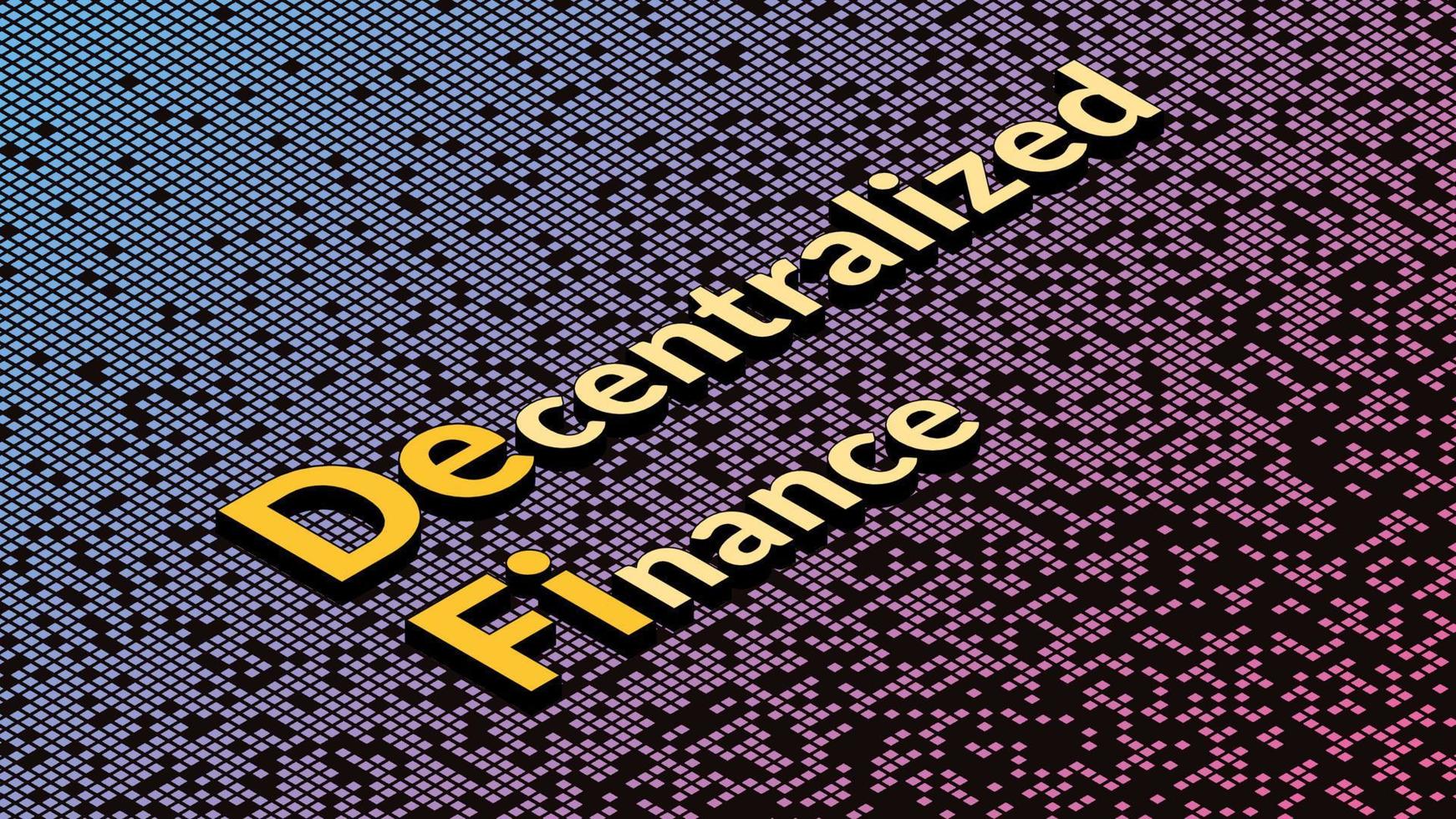 Defi - decentralized finance, isometric text on fragmented matrix background. Ecosystem of financial applications and services based on public blockchains.  Vector illustration.