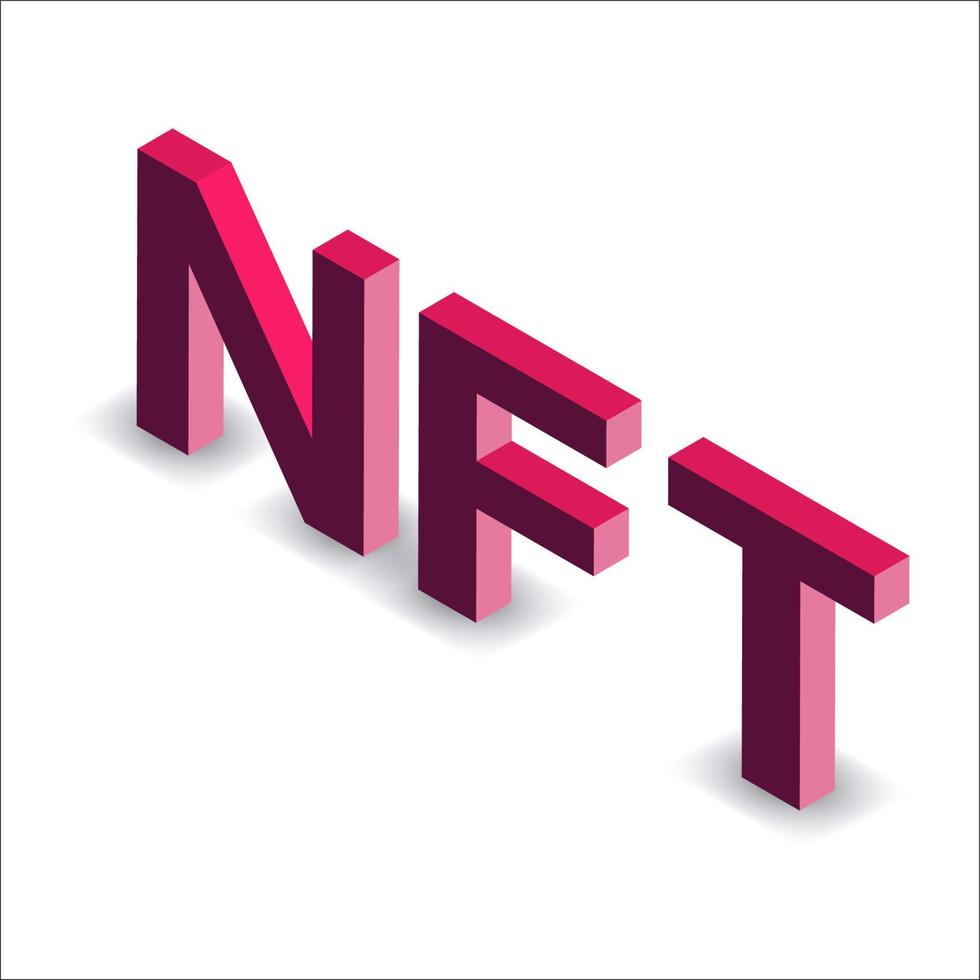 Isometric red text NFT non fungible token isolated on white. Pay for unique collectibles in games or art. Vector illustration.