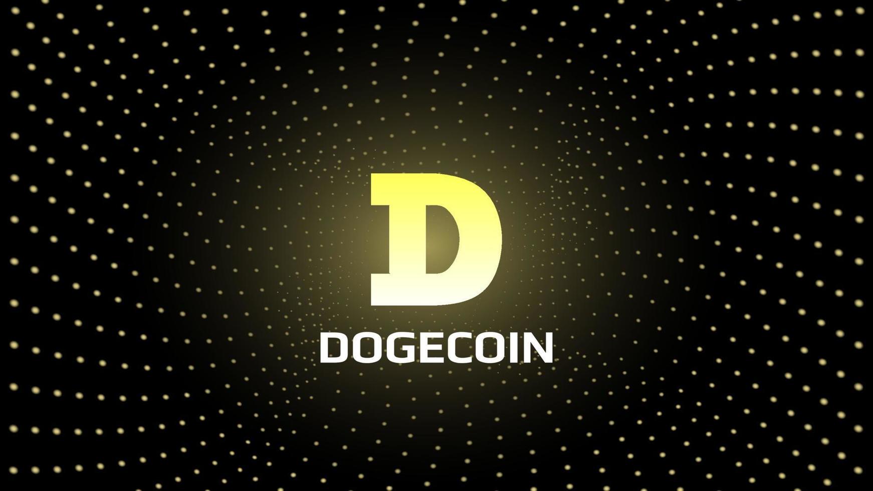 Dogecoin DOGE token symbol cryptocurrency in the center of spiral of glowing yellow dots on dark background. Cryptocurrency logo icon for banner or news. Vector illustration.