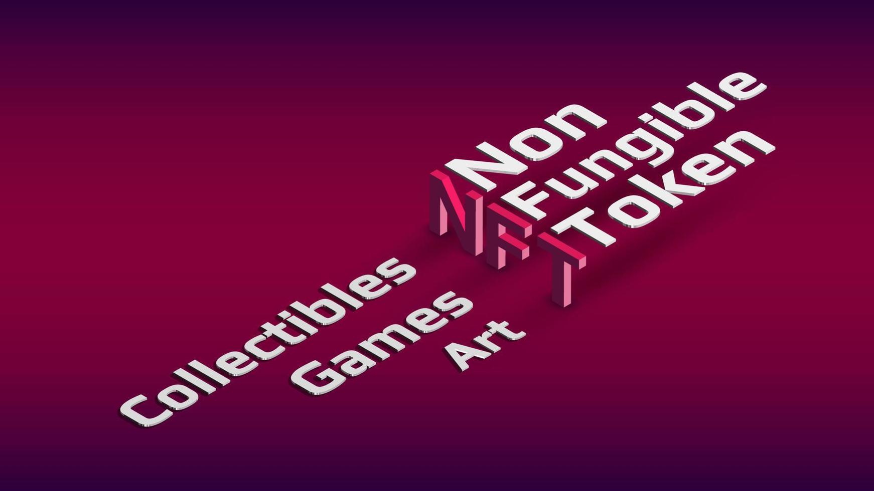 NFT nonfungible token isometric text on dark red background. New class of coins. Pay for unique collectibles in games or art. Design element. Vector illustration.