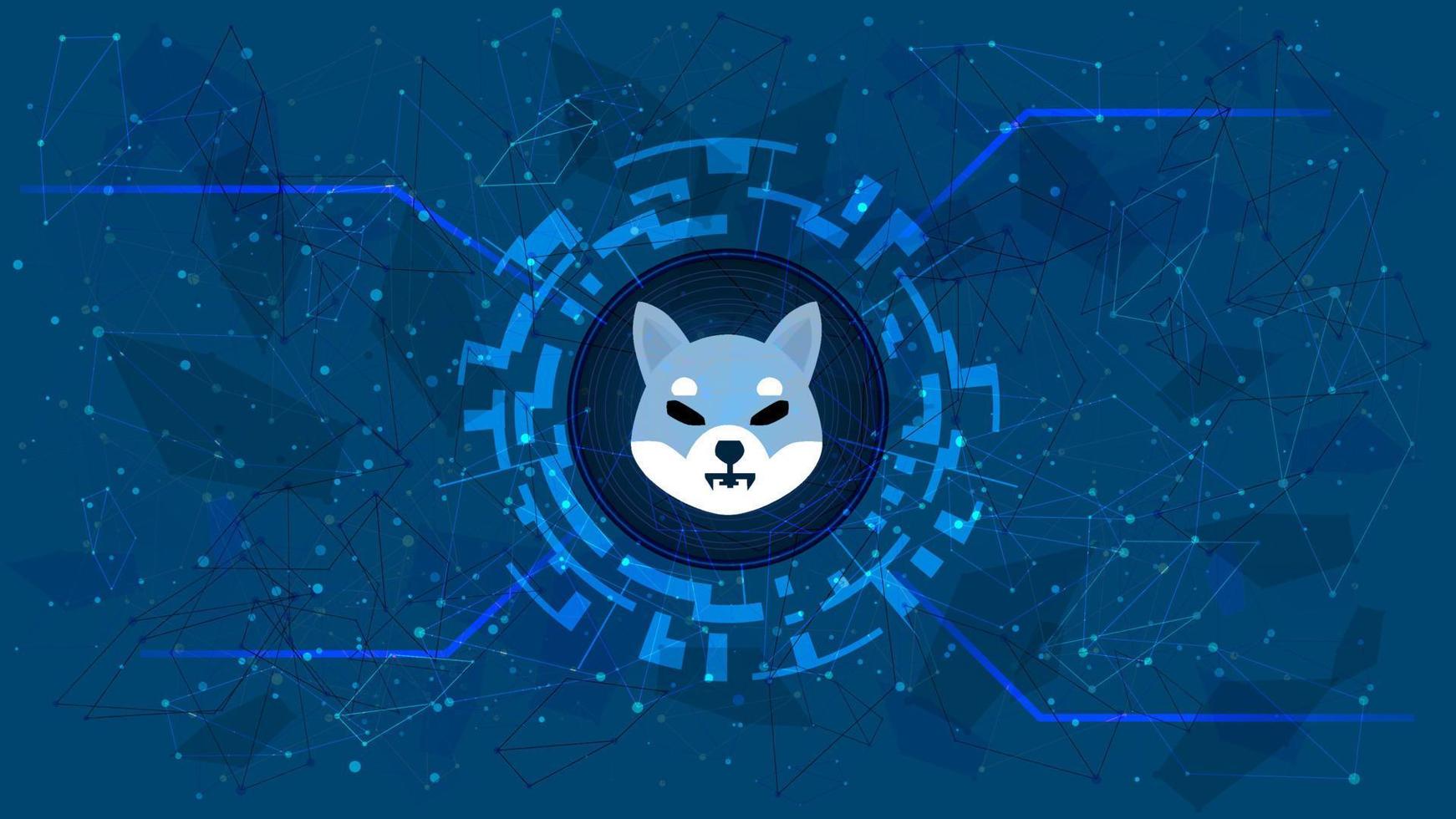 Shiba Inu SHIB token symbol of the DeFi project in a digital circle with a cryptocurrency theme on a blue background. Cryptocurrency icon. Decentralized finance programs. Copy space. Vector EPS10.