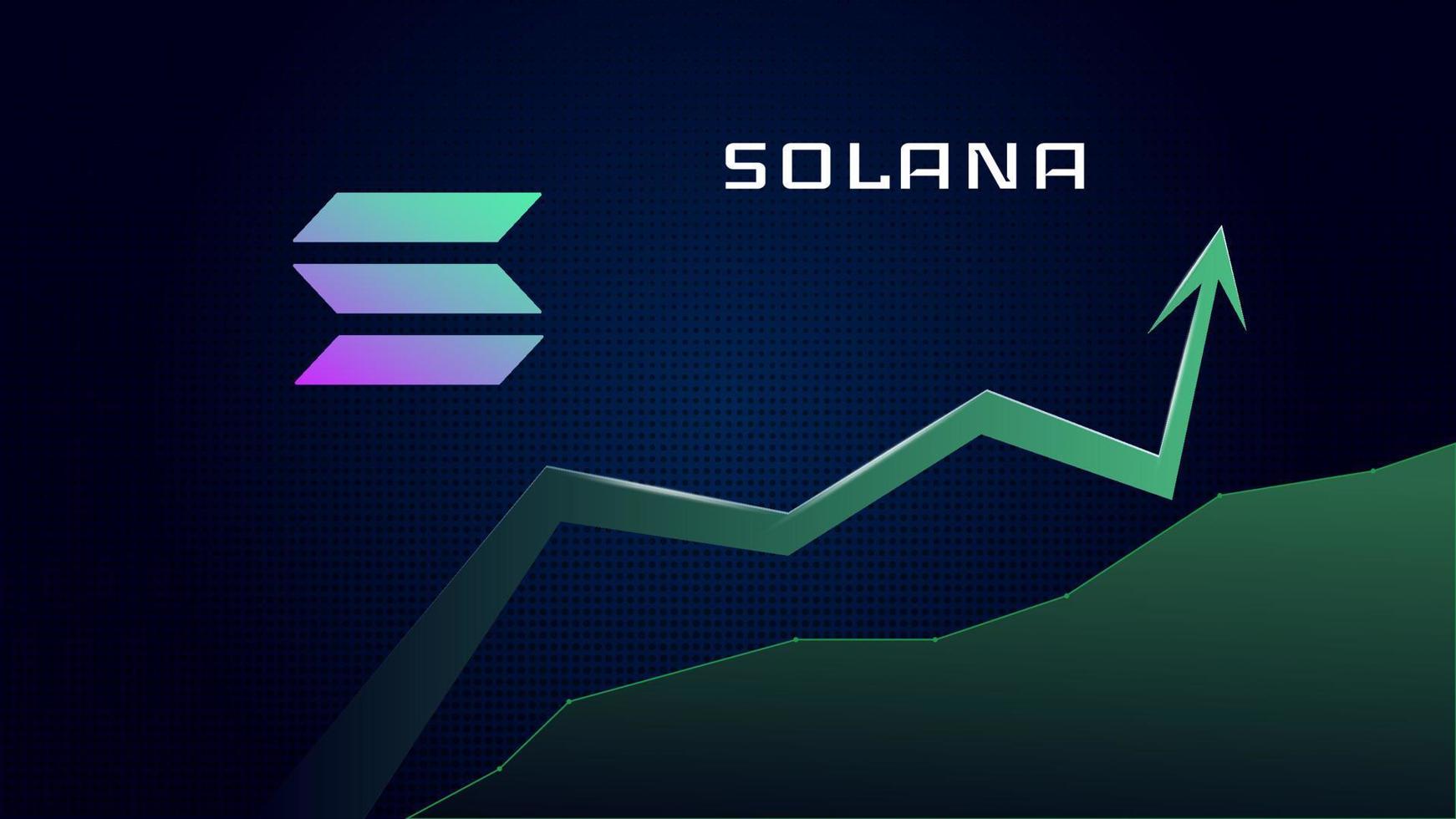 Solana SOL in uptrend and price is rising. Cryptocurrency coin symbol and green up arrow. Flies to the moon. Vector illustration.