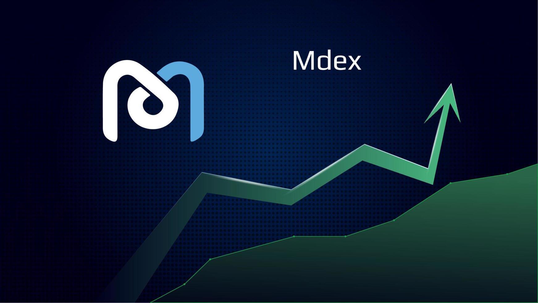 Mdex MDX in uptrend and price is rising. Cryptocurrency coin symbol and green up arrow. Uniswap flies to the moon. Vector illustration.