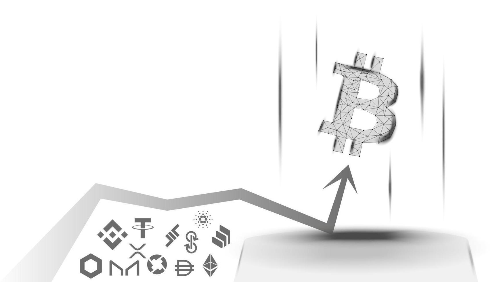 Vector illustration of a concept of the advantage of Bitcoin over altcoins on white background. BTC has overtaken all coins and is growing up. Wireframe Bitcoin symbol and up arrow.