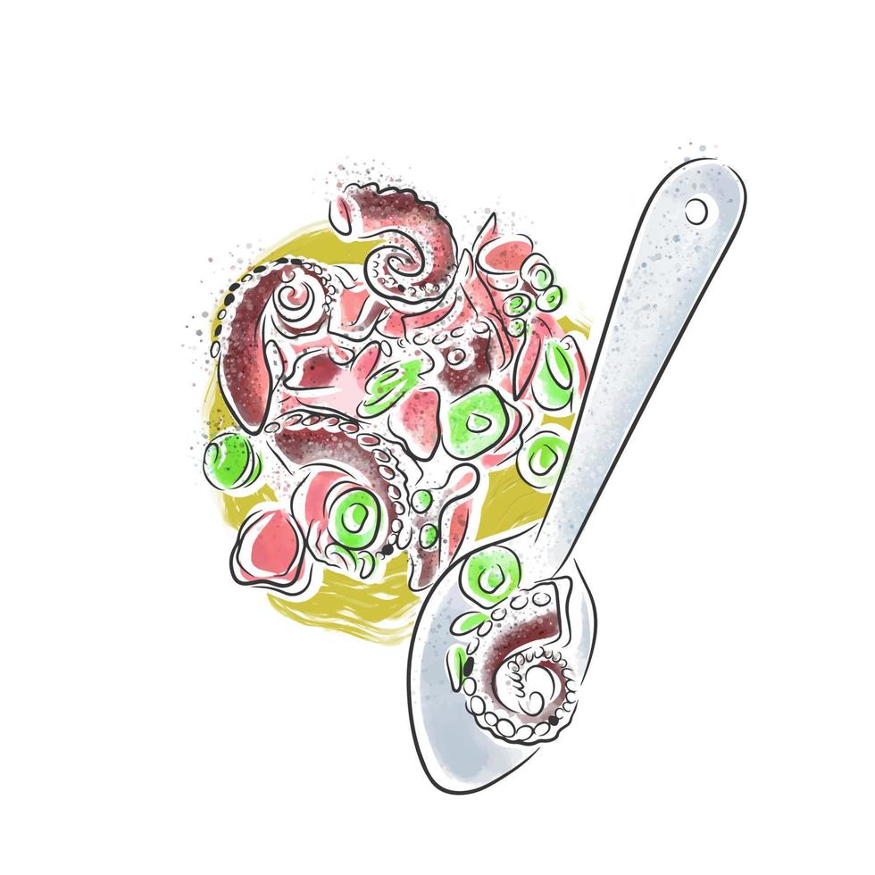 Octopuses with olives, restaurant menu, beautiful serving dishes, food vector