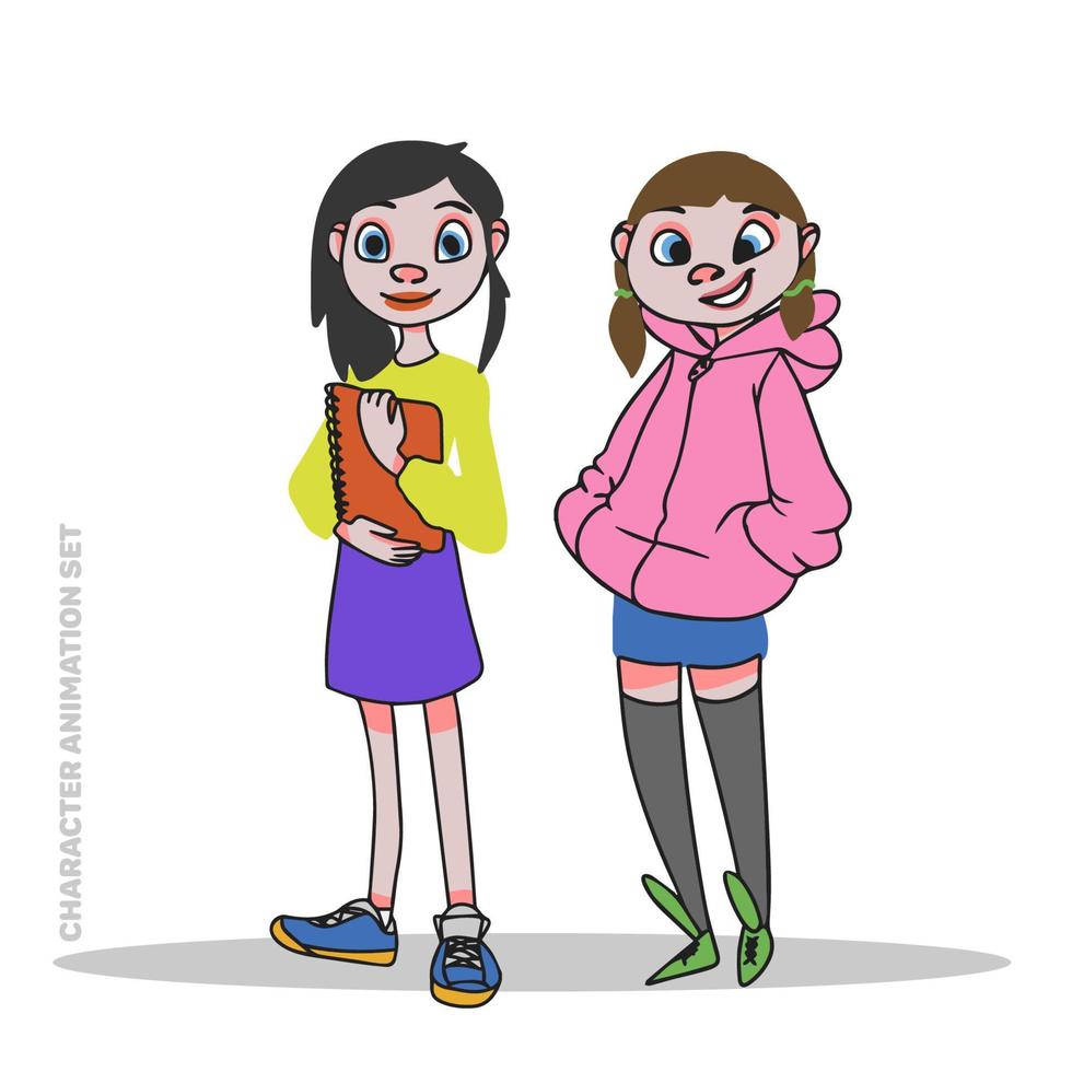 Schoolgirl, character design, cartoon kids, doodle vector