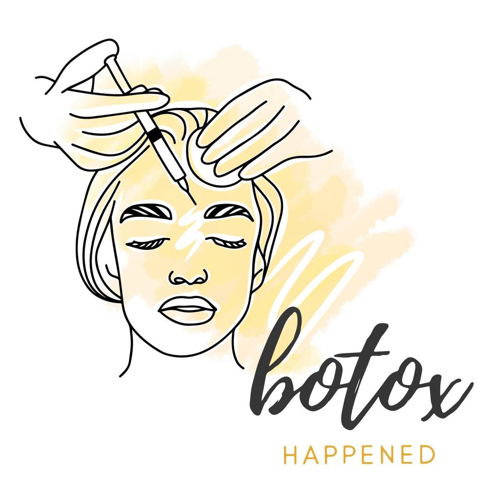 manos en un guante con una jeringa pinchando la cara de una chica, inyecciones de belleza, felicidad de botox vector