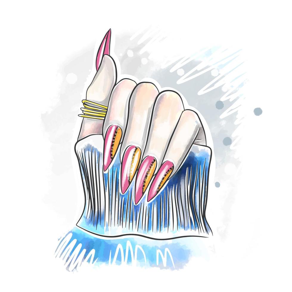 Beautiful pink manicure, stylish nail design, doodle vector