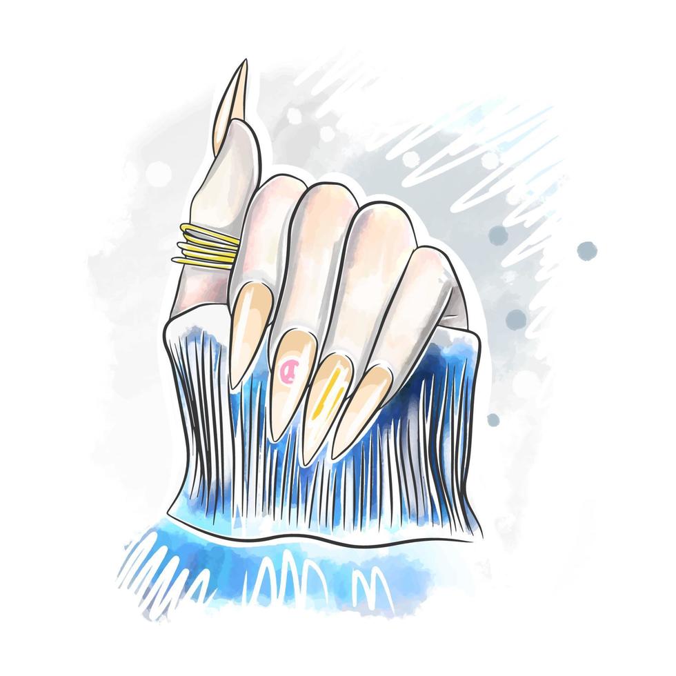 Long nails with manicure, nude nail design, doodle vector