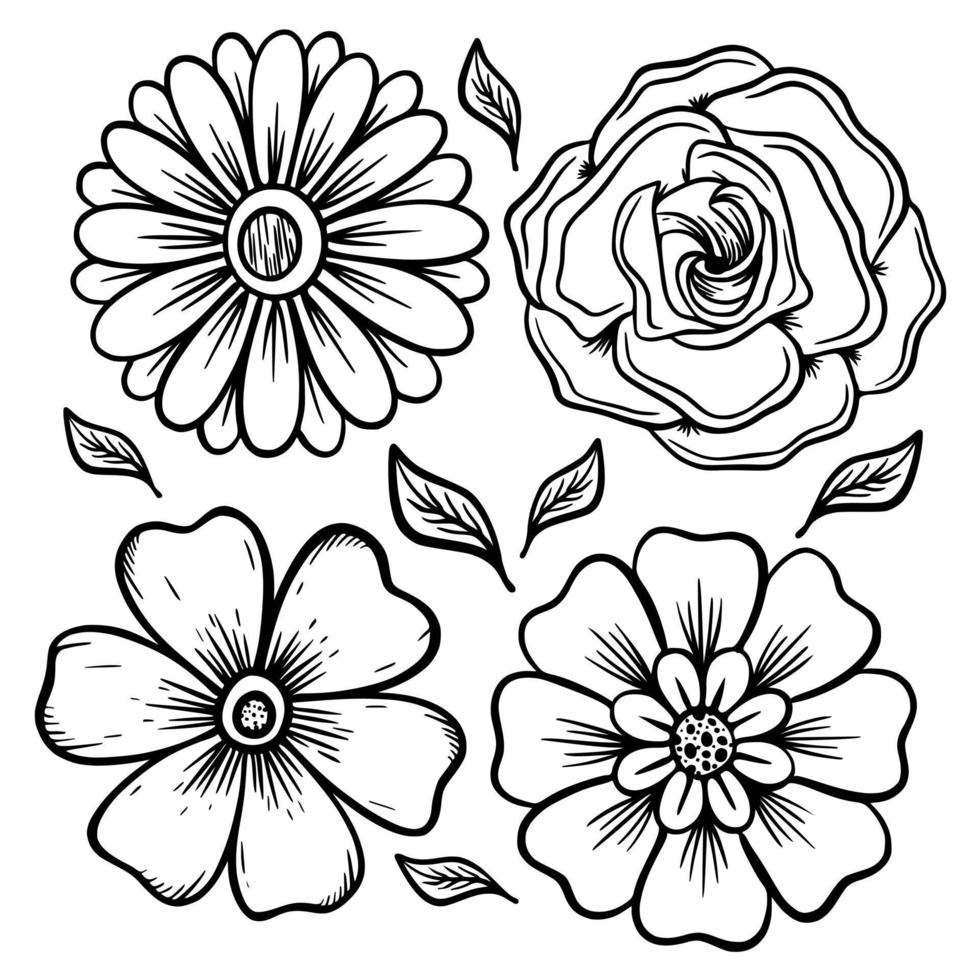 Collection set flower Illustration hand drawn sketch doodle for tattoo, stickers, logo, etc vector