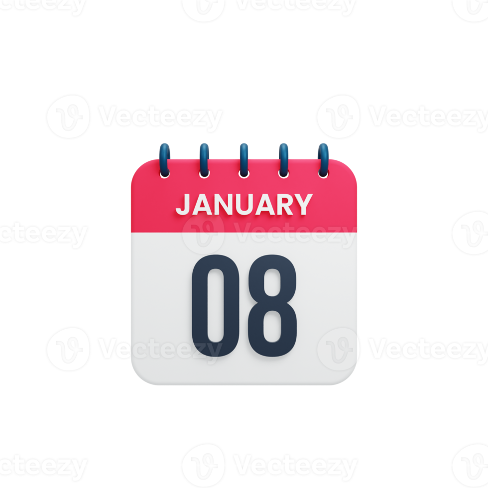January Realistic Calendar Icon 3D Illustration Date January 08 png