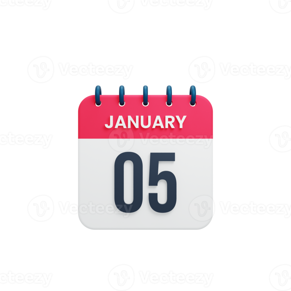 January Realistic Calendar Icon 3D Illustration Date January 05 png