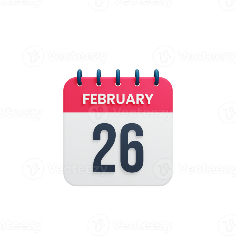 icono de calendario realista de febrero ilustración 3d fecha 26 de febrero png
