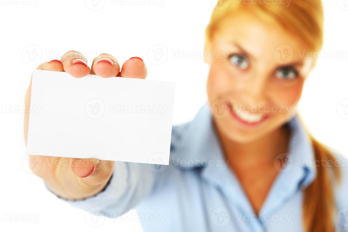 Woman holding business card photo