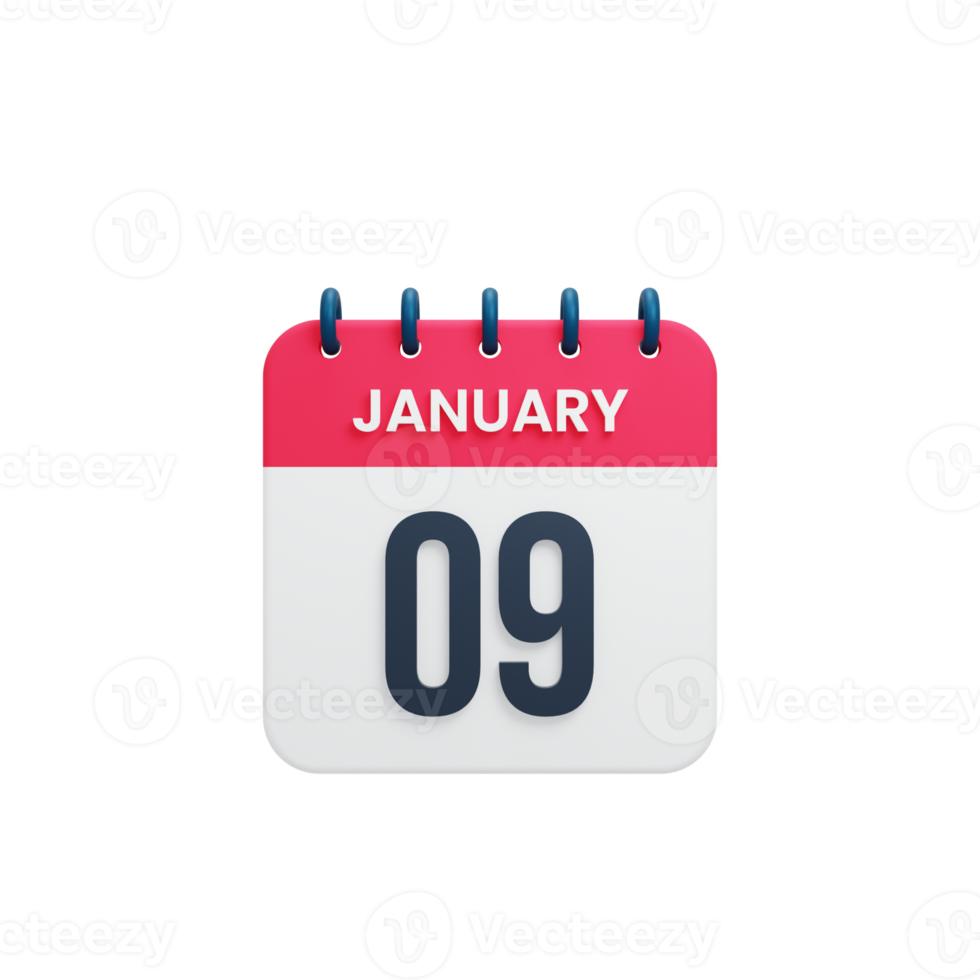 January Realistic Calendar Icon 3D Illustration Date January 09 png
