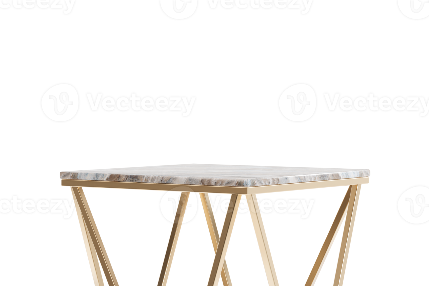 Golden and marble podium, table on transparent background. Elegant stage for product, cosmetic presentation. Luxury mock up. Pedestal for beauty products. Empty scene. 3D rendering. png