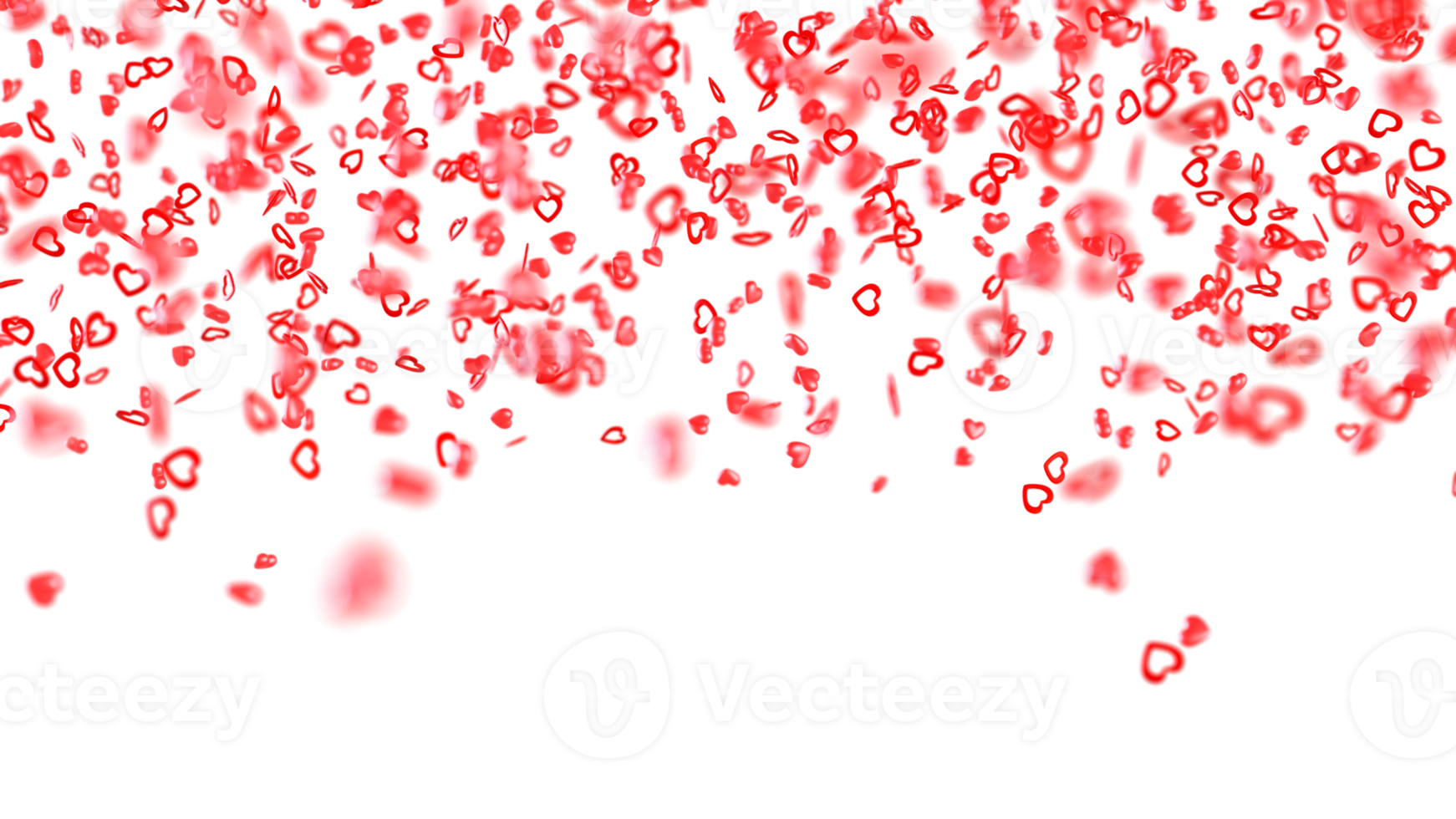 Falling red confetti on transparent background. Valentine's Day decoration. Small hearts. Love symbol. Upper border. 3D rendering. png