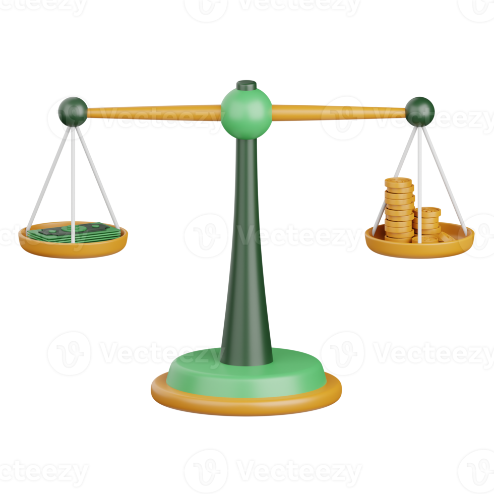 3d rendering balance scale isolated useful for banking, money, currency, finance and business design png