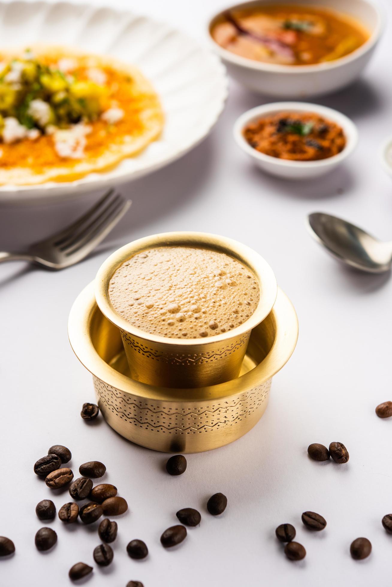 South Indian Filter coffee served in a traditional brass or stainless