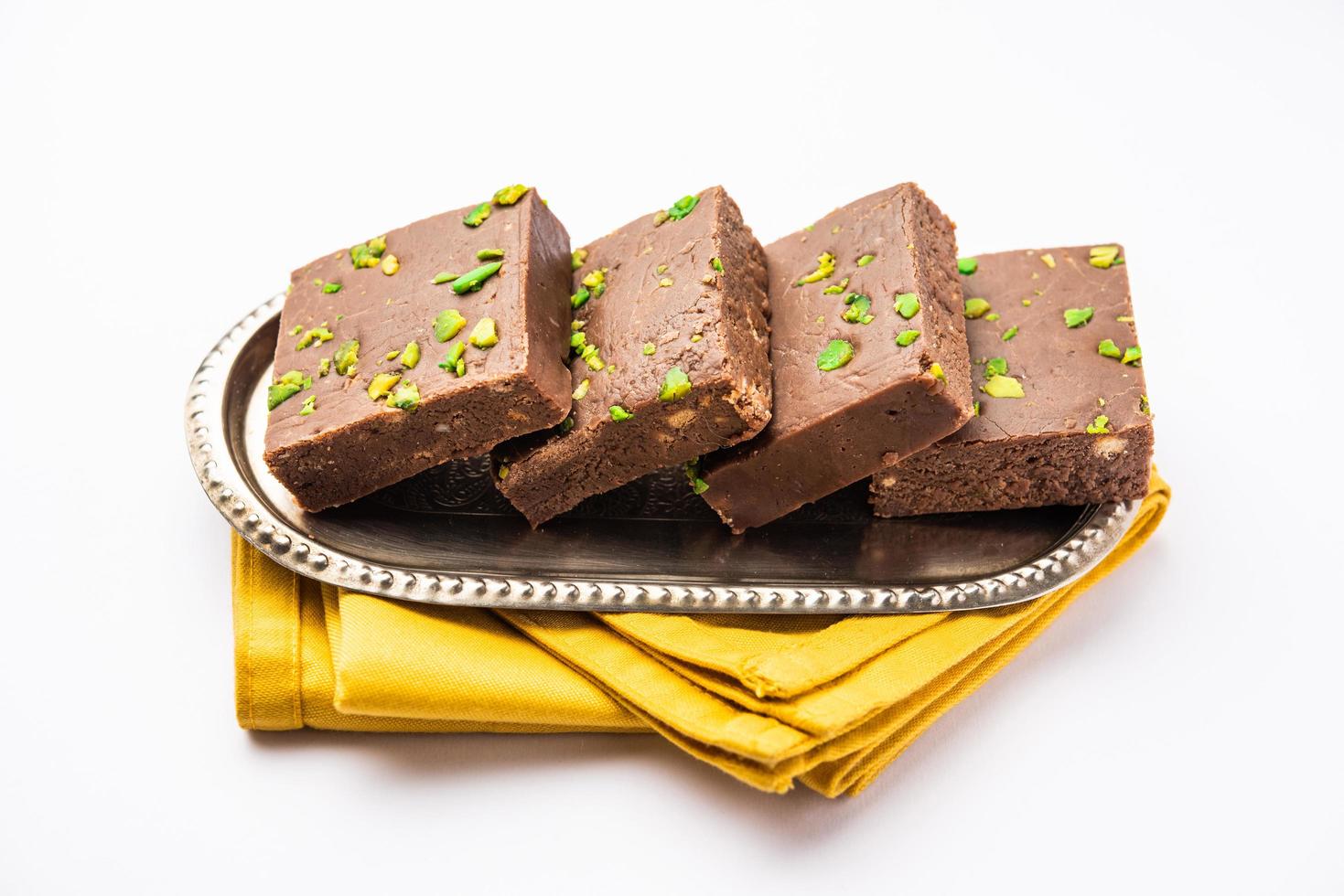 chocolate barfi or choco burfi cake, a tweak to indian dessert or sweet for festivals photo