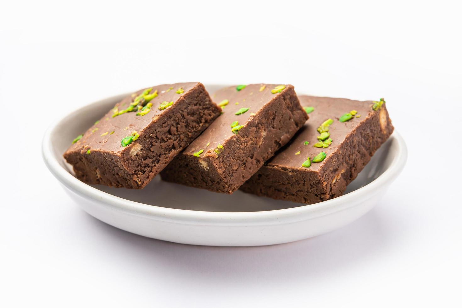 chocolate barfi or choco burfi cake, a tweak to indian dessert or sweet for festivals photo