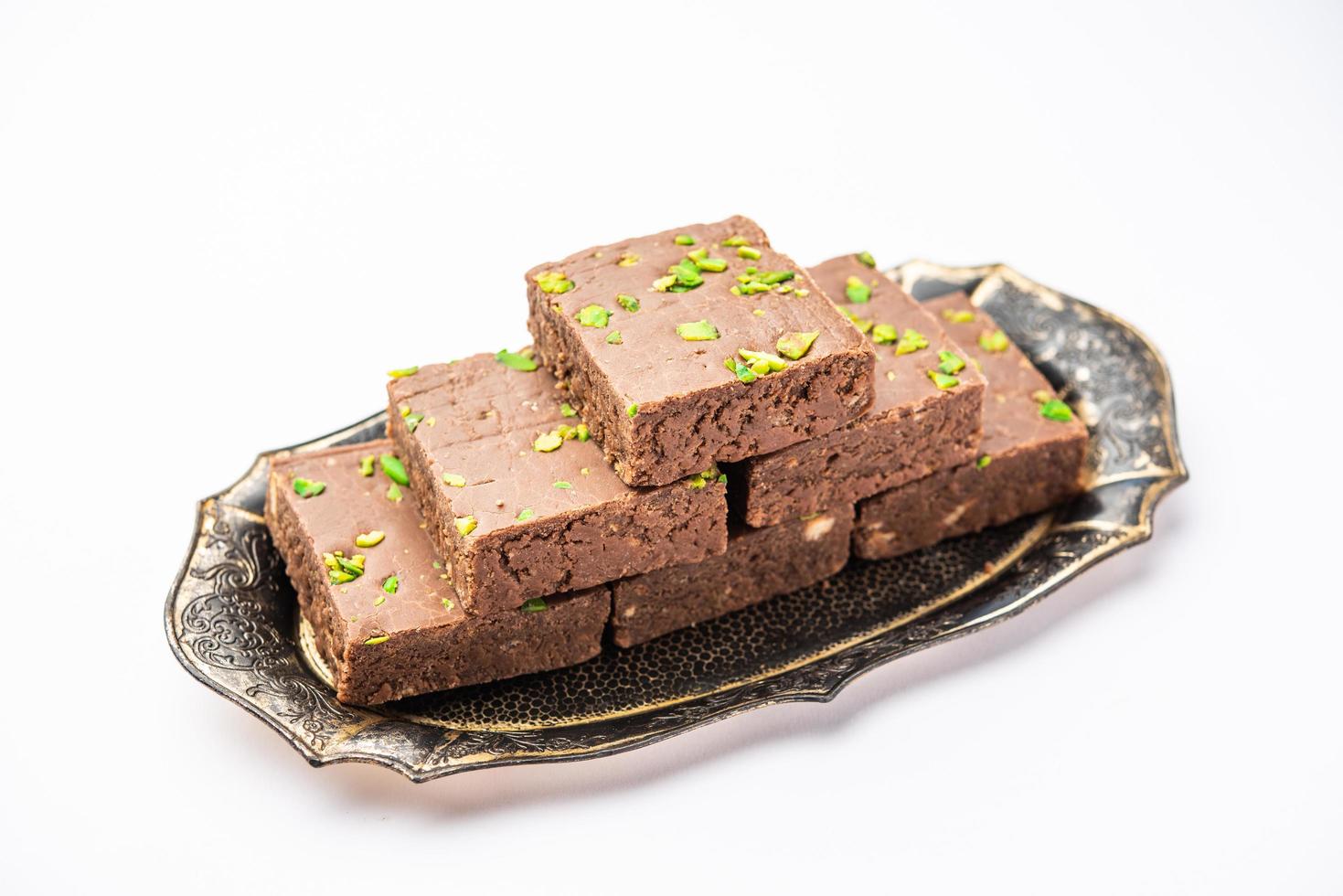 chocolate barfi or choco burfi cake, a tweak to indian dessert or sweet for festivals photo