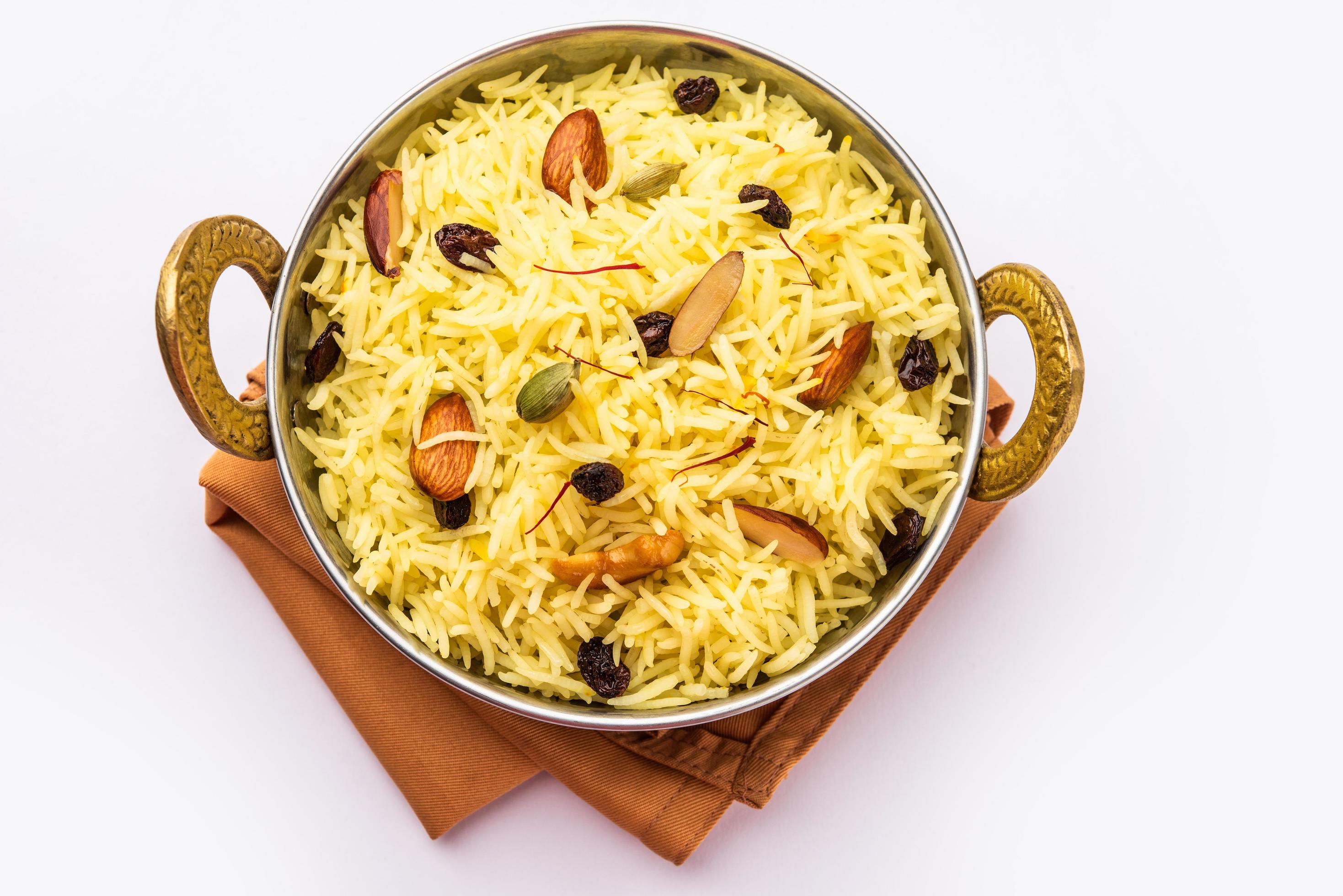 Kashmiri sweet modur pulao made of rice cooked with sugar, water