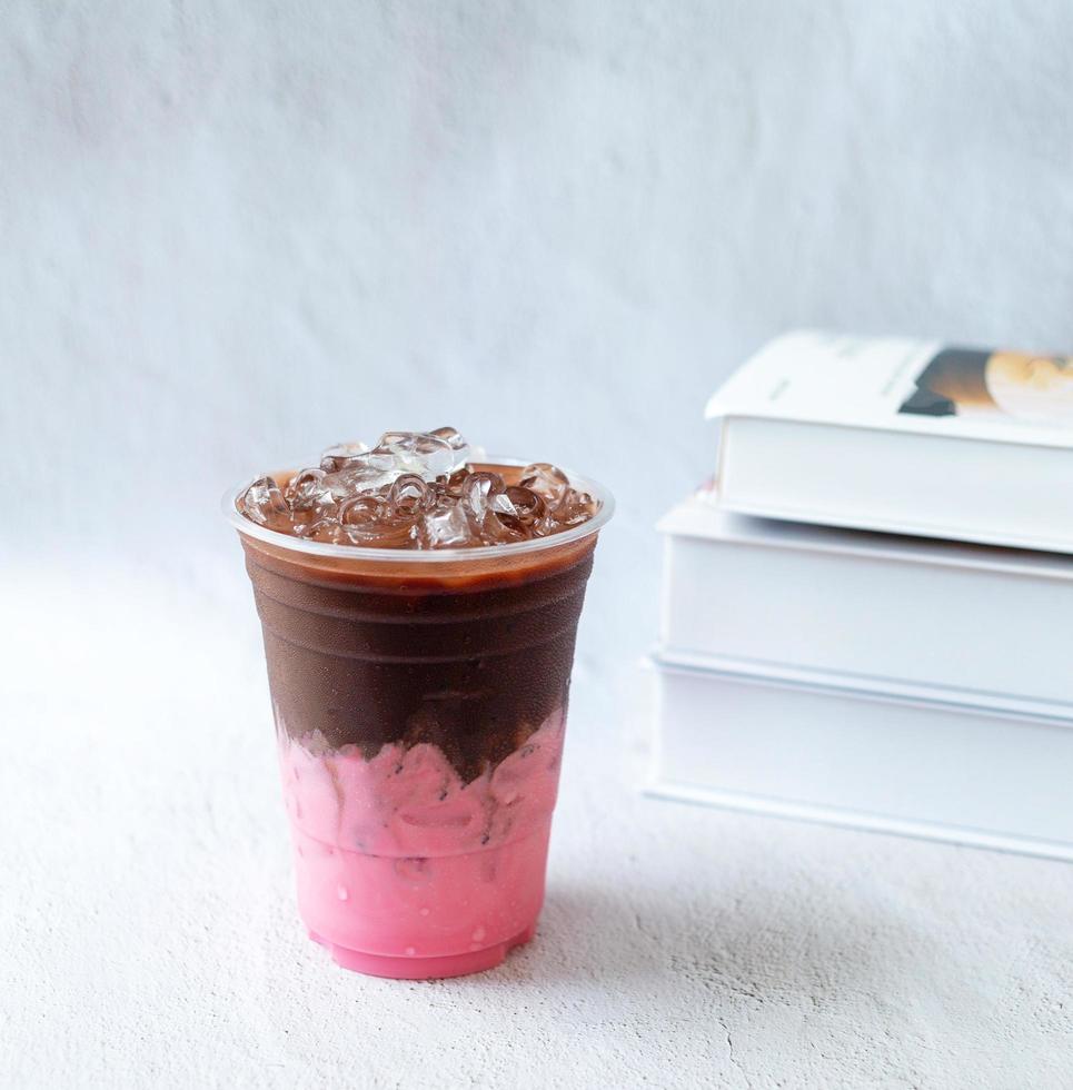 Product Cold drink menu of smoothly mixed cocoa chocolate Strawberry drinks in a plastic glass. photo