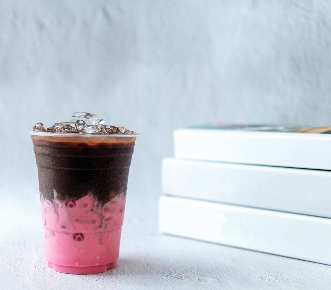 Product Cold drink menu of smoothly mixed cocoa chocolate Strawberry drinks in a plastic glass. photo